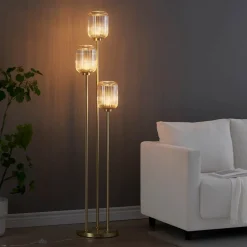 Grand lampadaire triple doré verres ambrés - Rosalia