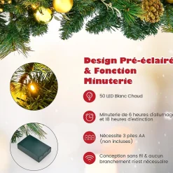 Guirlande de Noël Lumineuse Artificielle 270CM avec Lumières LED Blanc Chaud, Baies, Boules, Fleurs et Pommes de Pin Dorées (Doré)