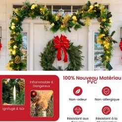 Guirlande de Noël Lumineuse Artificielle 270CM avec Lumières LED Blanc Chaud, Baies, Boules, Fleurs et Pommes de Pin Dorées (Doré)