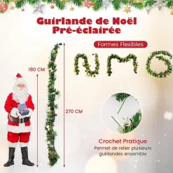 Guirlande de Noël Lumineuse Artificielle 270CM avec Lumières LED Blanc Chaud, Baies, Boules, Fleurs et Pommes de Pin Dorées (Doré)