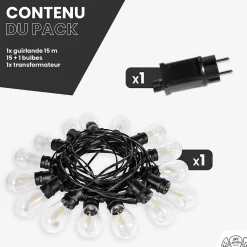 Guirlande Guinguette IP65 LED 15M 15 Bulbes Filament Allongé Dimmables Avec Télécommande