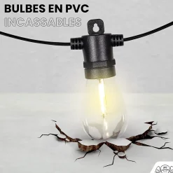 Guirlande Guinguette IP65 LED 15M 15 Bulbes Filament Allongé Dimmables Avec Télécommande