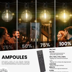 Guirlande guinguette LED 30M 50 Bulbes Rond Blanc Chaud Dimmable