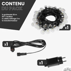 Guirlande guinguette LED 30M 50 Bulbes Rond Blanc Chaud Dimmable