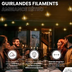 Guirlande guinguette LED 30M 50 Bulbes Rond Blanc Chaud Dimmable