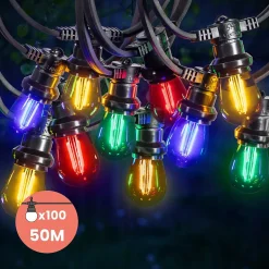 Guirlande Guinguette 50M Filament Multicolore LED 100 Bulbes