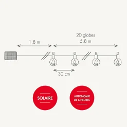 Guirlande solaire Boogie - L5,8m -20 globes - blanc chaud - Chromex