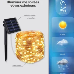 Guirlande solaire extérieur lumineuse jardin, terrasse - Ampoules LED 8 modes - 22 m - Blanc chaud - Linxor