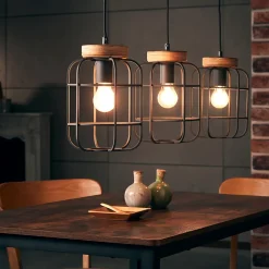 GWEN Suspension 3L bois patiné/noir mat, métal/bois, E27 40W ampoule non incluse