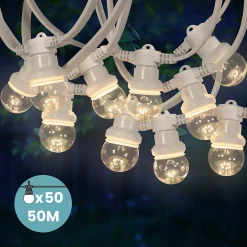 Kit Guirlande Guinguette 50m IP 65 Cable Blanc Bulbes Transparents Dimmables