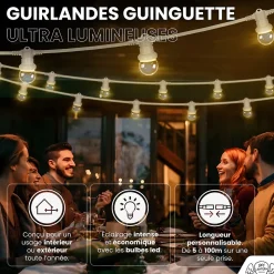 Kit Guirlande Guinguette 20m IP 65 Cable Blanc Bulbes Transparents Dimmables