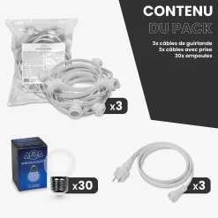 Kit Guirlande Guinguette 30m IP 65 Cable Blanc Bulbes Transparents Dimmables