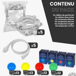 Kit Guirlande Guinguette 50m IP 65 Multicolore Cable Blanc