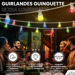 Kit Guirlande Guinguette 20m IP 65 Multicolore Cable Blanc
