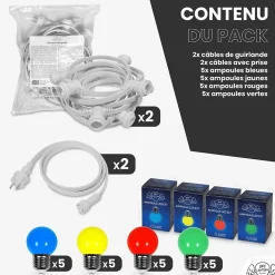 Kit Guirlande Guinguette 20m IP 65 Multicolore Cable Blanc