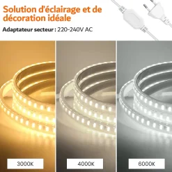 Kit Ruban LED 220v 10M blanc neutre 4000K étanche IP65 avec fixations fournies, intérieur et extérieur