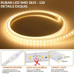 Kit Ruban LED 220v 10M blanc neutre 4000K étanche IP65 avec fixations fournies, intérieur et extérieur