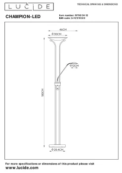 Lampadaire / lampe de lecture CHAMPION-LED en métal avec LED intégré - Chrome Dépoli - Lucide