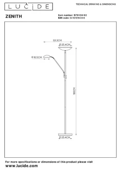 Lampadaire / lampe de lecture ZENITH en métal avec LED intégré - Or Mat / Laiton - Lucide