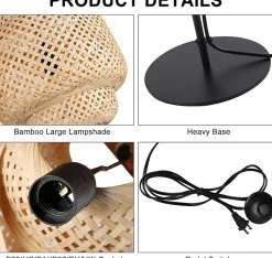 Lampadaire ANJA en bois et osier avec abat-jour en bambou interrupteur au pied et design moderne pour salon ou cuisine