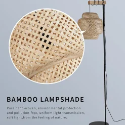 Lampadaire ANJA en bois et osier avec abat-jour en bambou interrupteur au pied et design moderne pour salon ou cuisine
