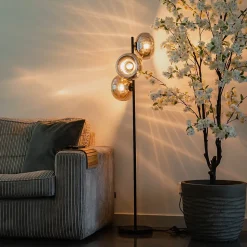 Lampadaire Art Déco noir avec verre fumé 3 lumières - Ayesha