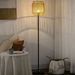 Lampadaire aspect cannage style cosy 40 W max. H.158 cm piètement mât métal noir abat-jour corde papier tressé main