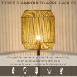 Lampadaire aspect cannage style cosy 40 W max. H.158 cm piètement mât métal noir abat-jour corde papier tressé main