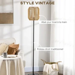Lampadaire aspect cannage style cosy 40 W max. H.158 cm piètement mât métal noir abat-jour corde papier tressé main