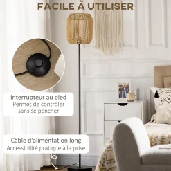 Lampadaire aspect cannage style cosy 40 W max. H.158 cm piètement mât métal noir abat-jour corde papier tressé main