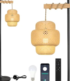 Lampadaire Bambou connecté à Intensité Variable, Télécommande & Ampoule, Classe énergétique D