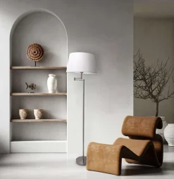 Lampadaire 'BOLOGNA' hauteur 158 cm en métal en nickel satiné, abat-jour textile beige, E27