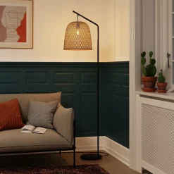 Lampadaire Calume E27 28W IP20 L.32xH.170xP.48cm métal noir et fibre naturelle GoodHome