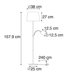 Lampadaire classique en acier avec abat-jour blanc et liseuse - Retro
