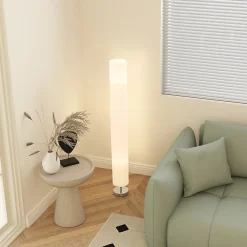 Lampadaire colonne sur pied design H.120 cm acier inox tissu blanc