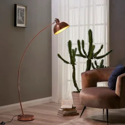 Lampadaire courbé en métal cuivre avec abat-jour architecte