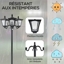 Lampadaire de jardin luminaire extérieur solaire LED 3 têtes 120 Lm dim. 51,5L x 47l x 182,5H cm acier inox. plastique noir