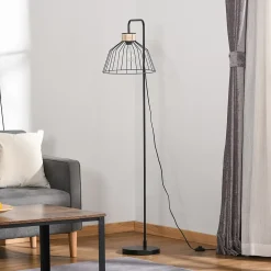 Lampadaire design industriel grillagé et arqué 40 W max. métal noir rotin