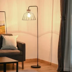 Lampadaire design industriel grillagé et arqué 40 W max. métal noir rotin