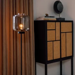 Lampadaire design noir avec verre fumé - Qara