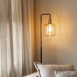 Lampadaire design noir avec laiton et verre ambré - Zuzanna