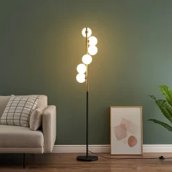 Lampadaire design noir et laiton sphères blanches - Sierra