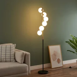 Lampadaire design noir et laiton sphères blanches - Sierra