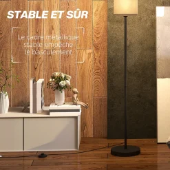 Lampadaire droit style contemporain H.161 cm métal noir abat-jour beige effet lin