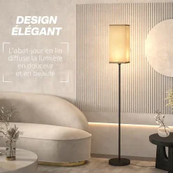 Lampadaire droit style contemporain H.161 cm métal noir abat-jour beige effet lin