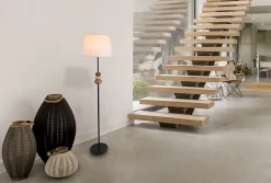 Lampadaire 'ELINA' hauteur 155 cm, D: 38 cm, métal noir/brun, abat-jour textile blanc, E27