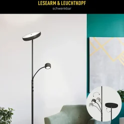 Lampadaire LED ROMIS 180 cm metal noir avec bras lecture dimmable interrupteur rotatif dimensions 26 x 43 cm