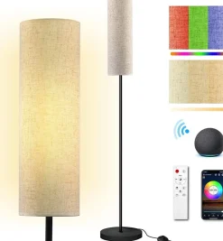Lampadaire LED WiFi sur Pied Salon, Compatible Alexa/Google Home, Télécommande, Abat-jour en Lin, 175cm Classe énergétique A