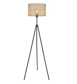 Lampadaire moderne Bora 150cm métal noir et rotin naturel compatible LED