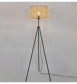 Lampadaire moderne Bora 150cm métal noir et rotin naturel compatible LED